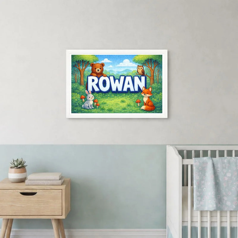 Rowan Name Art - Forest Friends personalized wall print for kids