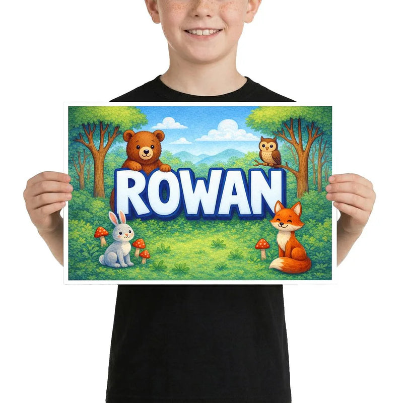 Rowan Name Art - Forest Friends personalized wall print for kids