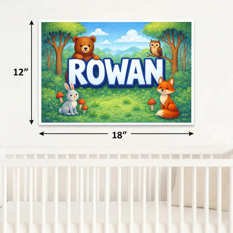 Rowan Name Art - Forest Friends personalized wall print for kids