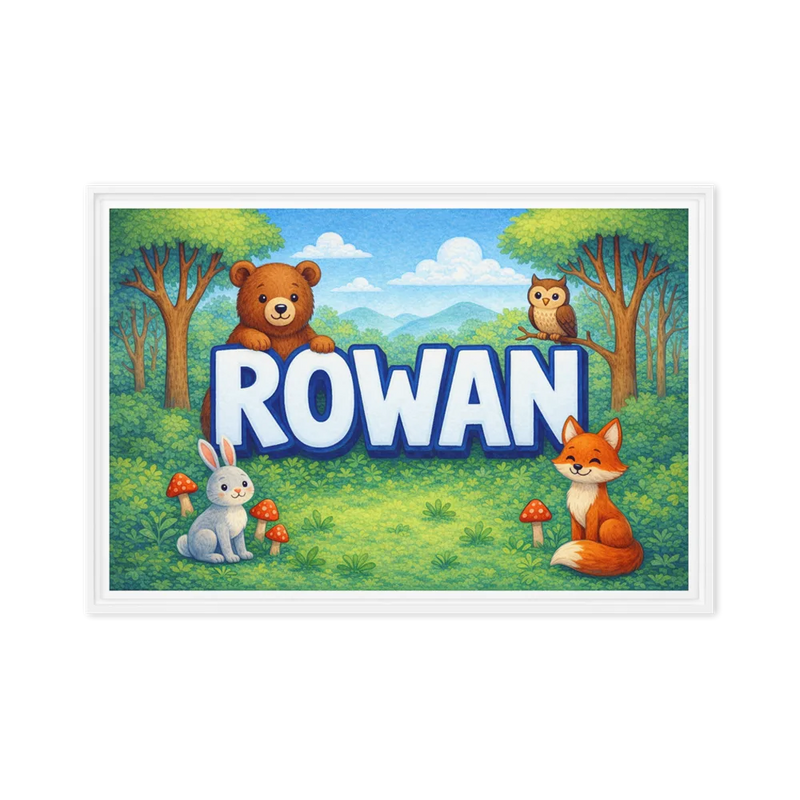 Rowan Name Art - Forest Friends personalized wall print for kids