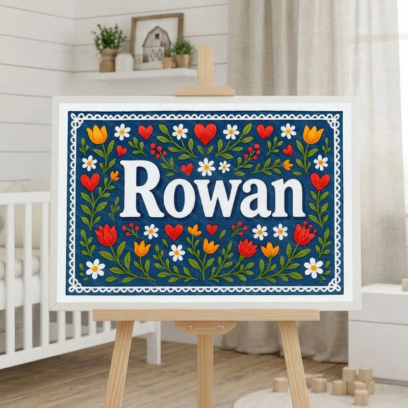 Rowan Name Art - Floral Farmhouse personalized wall print for kids