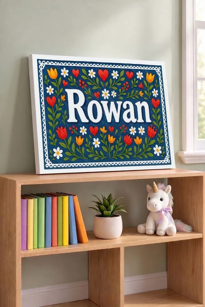 Rowan Name Art - Floral Farmhouse personalized wall print for kids