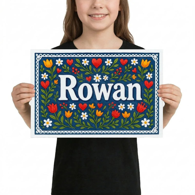 Rowan Name Art - Floral Farmhouse personalized wall print for kids
