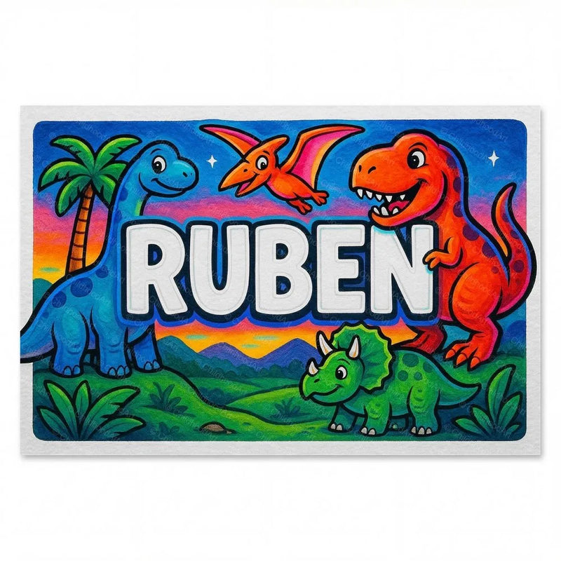 Ruben Name Art - Dinosaur Adventure personalized wall print for kids