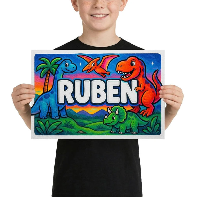 Ruben Name Art - Dinosaur Adventure personalized wall print for kids
