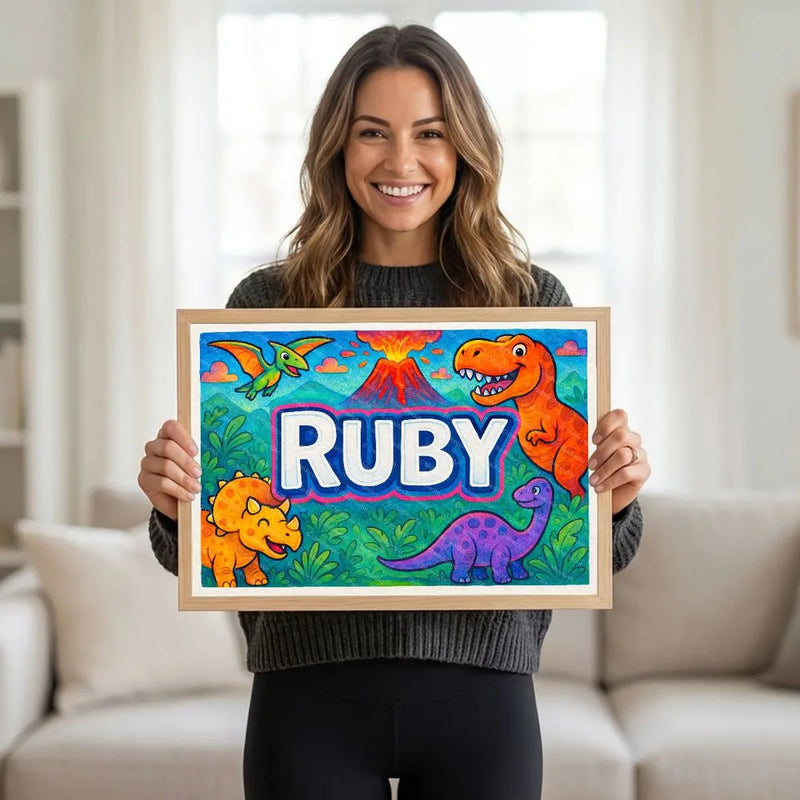 Adventurous personalized dinosaur name art for Ruby
