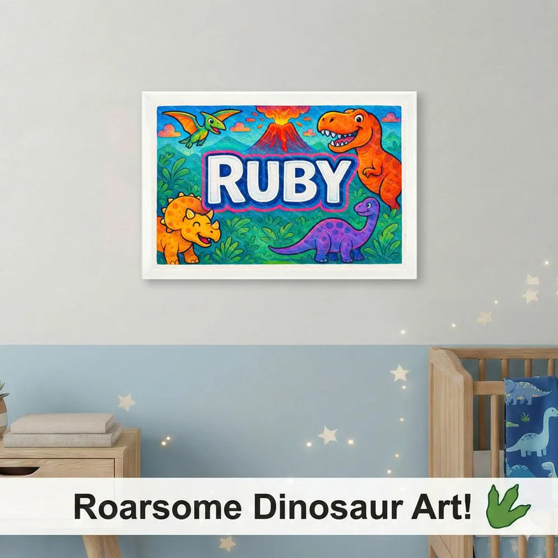 Adventurous personalized dinosaur name art for Ruby