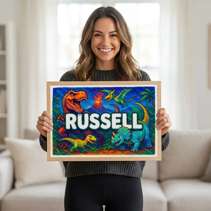Adventurous personalized dinosaur name art for Russell