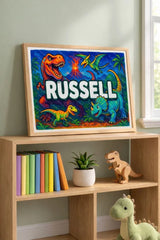 Adventurous personalized dinosaur name art for Russell