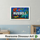 Adventurous personalized dinosaur name art for Russell