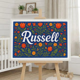 Russell Name Art - Floral Farmhouse personalized wall print for kids