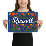 Russell Name Art - Floral Farmhouse personalized wall print for kids
