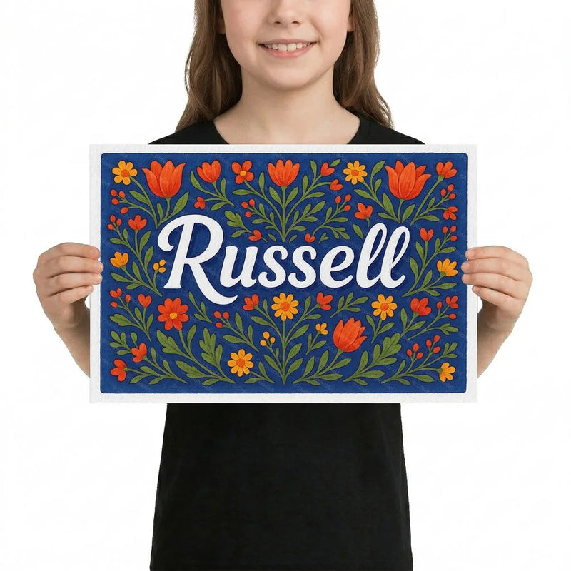Russell Name Art - Floral Farmhouse personalized wall print for kids