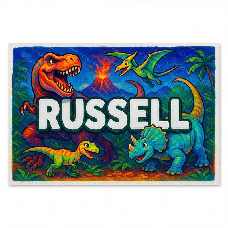 Russell Name Art - Dinosaur Adventure personalized wall print for kids
