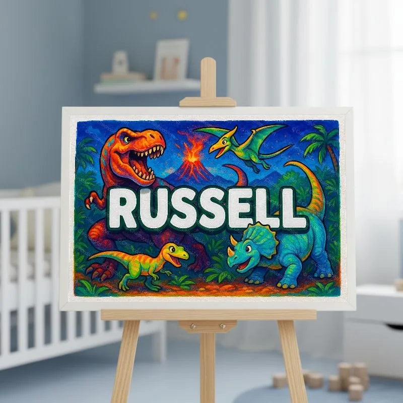 Russell Name Art - Dinosaur Adventure personalized wall print for kids