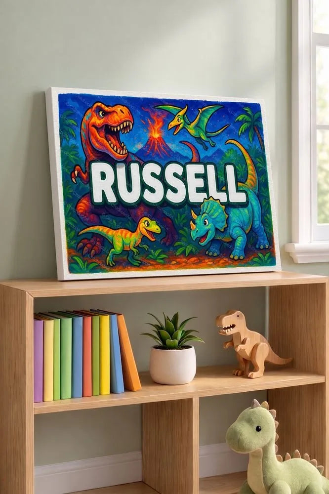 Russell Name Art - Dinosaur Adventure personalized wall print for kids