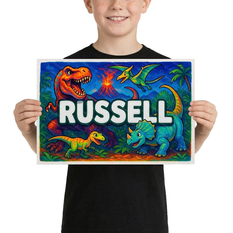 Russell Name Art - Dinosaur Adventure personalized wall print for kids