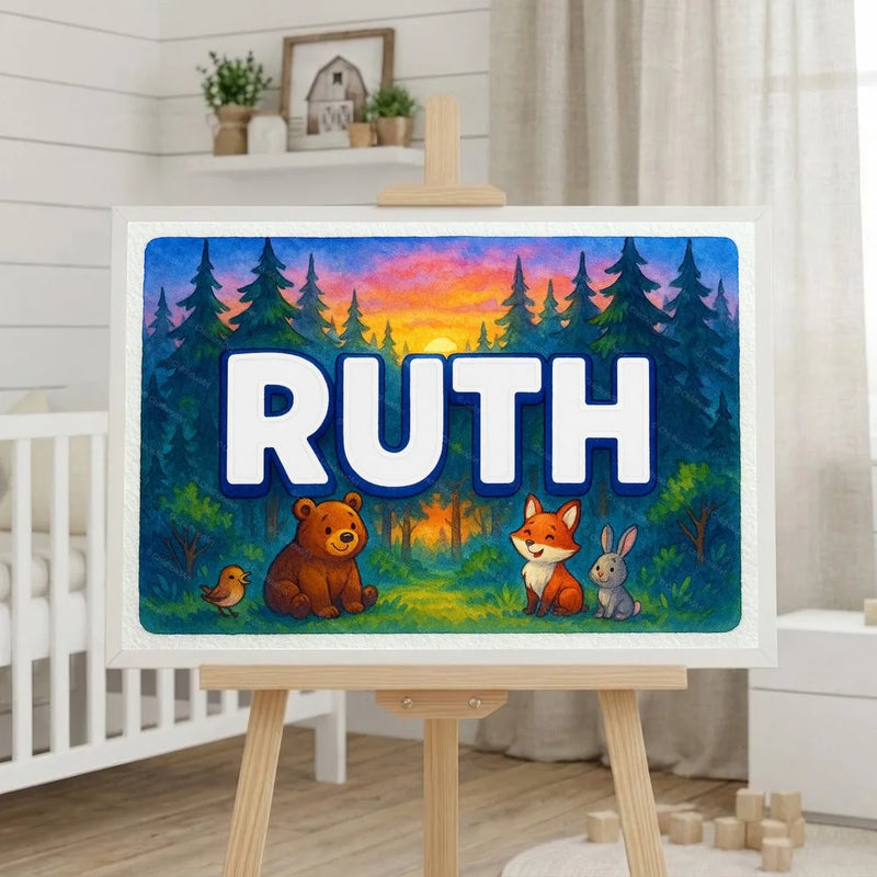 Calm personalized woodland name art for Ruth