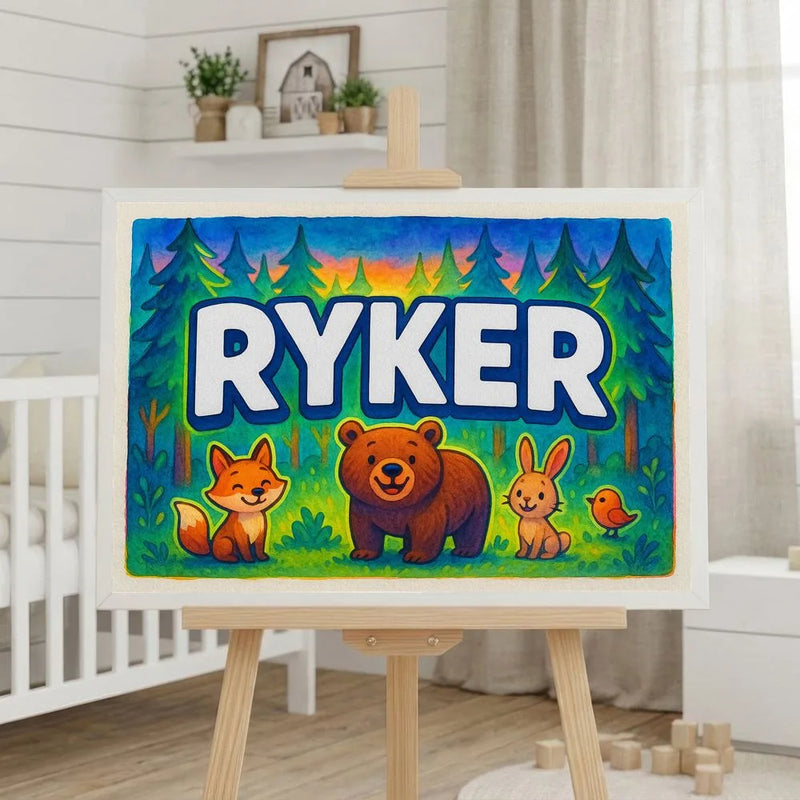 Ryker Name Art - Forest Friends personalized wall print for kids