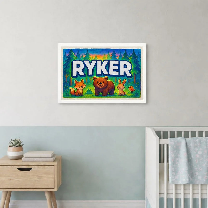 Ryker Name Art - Forest Friends personalized wall print for kids