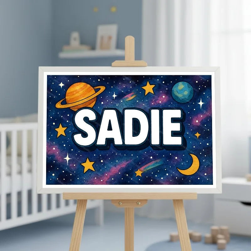 Adventurous personalized space name art for Sadie
