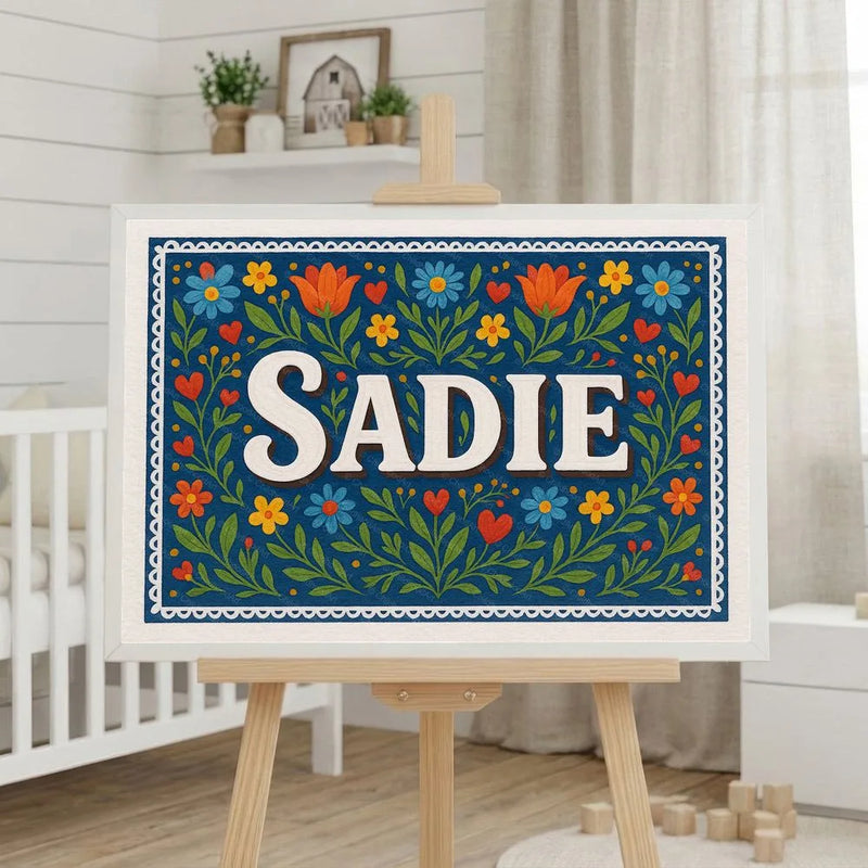 Sadie Name Art - Floral Farmhouse personalized wall print for kids