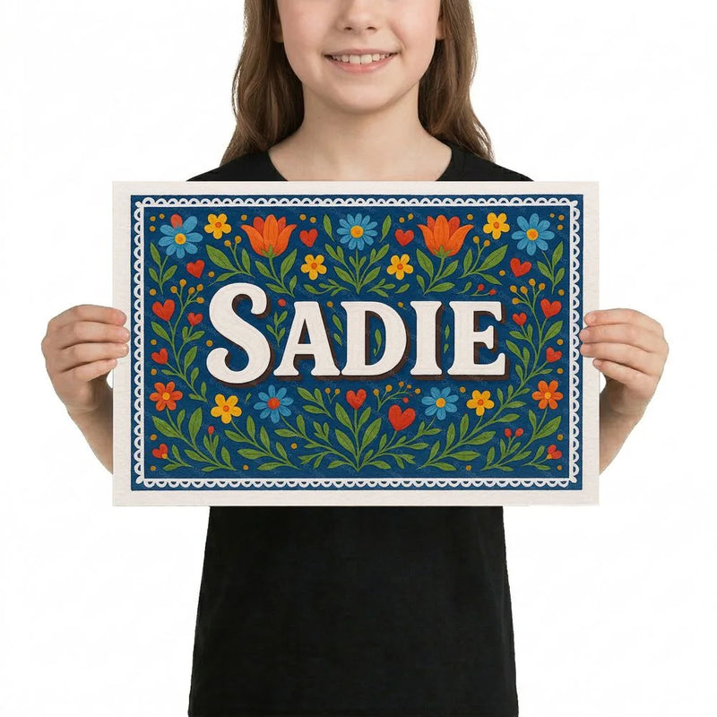 Sadie Name Art - Floral Farmhouse personalized wall print for kids