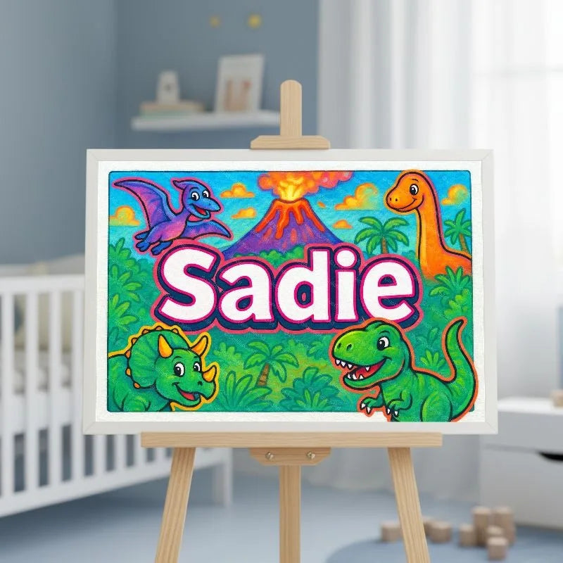 Sadie Name Art - Dinosaur Adventure personalized wall print for kids
