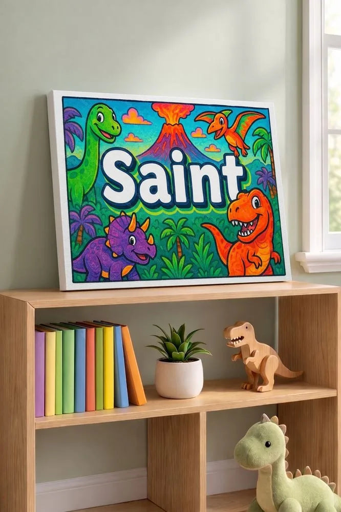Saint Name Art - Dinosaur Adventure personalized wall print for kids