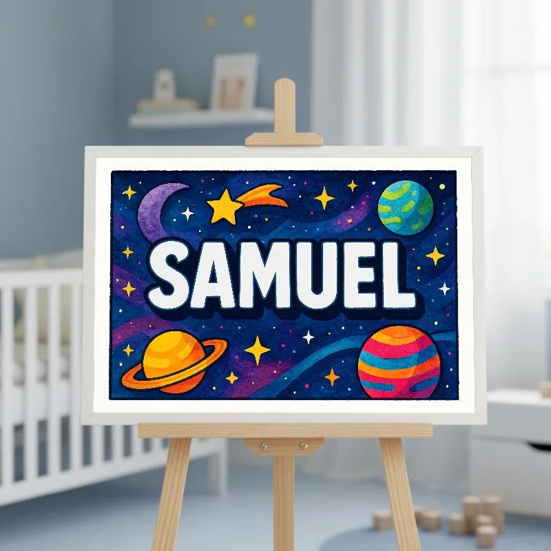 Samuel Name Art - Space Explorers personalized wall print for kids