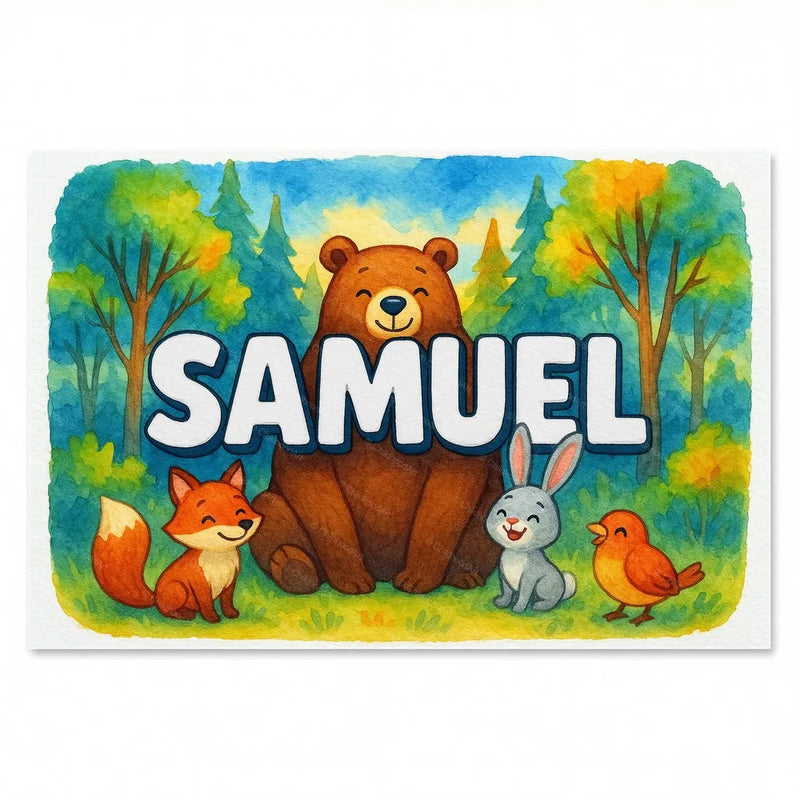 Samuel Name Art - Forest Friends personalized wall print for kids