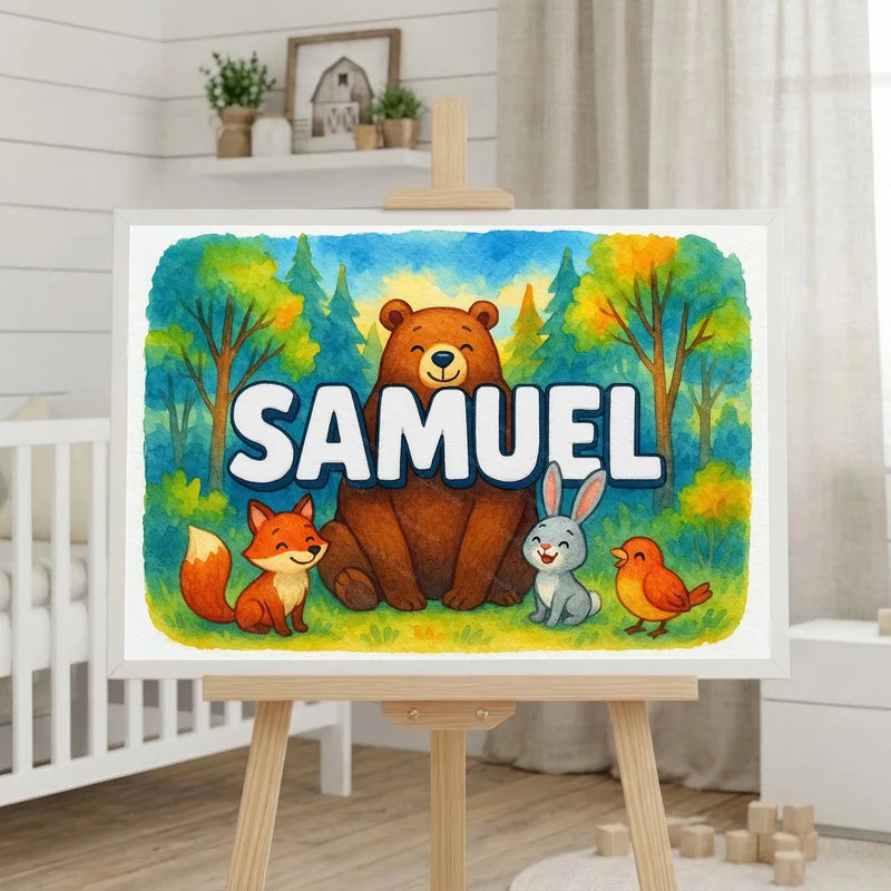 Samuel Name Art - Forest Friends personalized wall print for kids