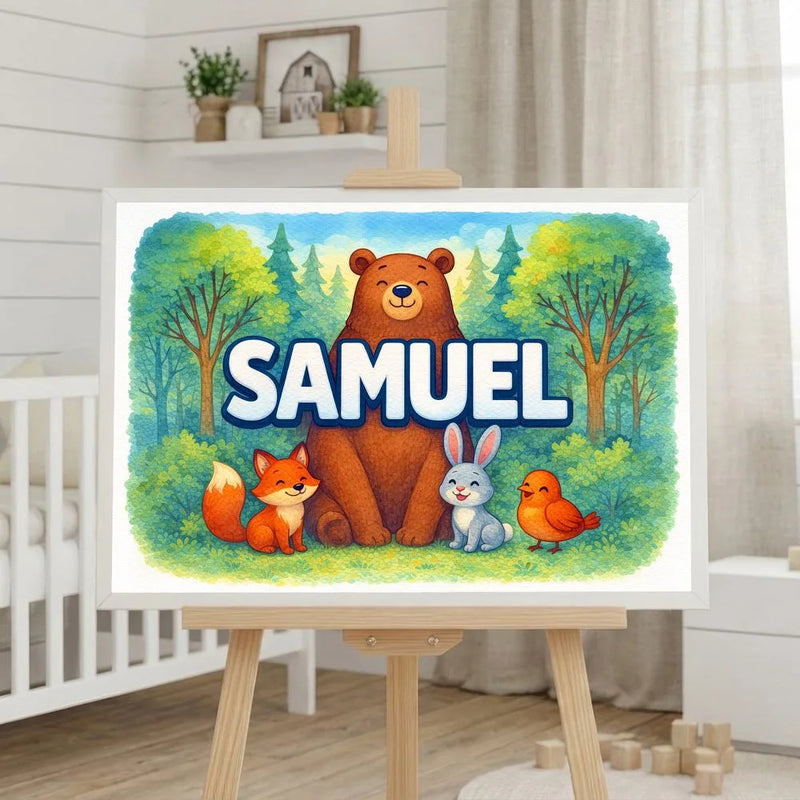 Samuel Name Art - Forest Friends personalized wall print for kids