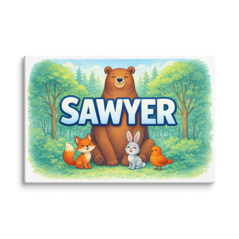 Sawyer Name Art - Forest Friends personalized wall print for kids
