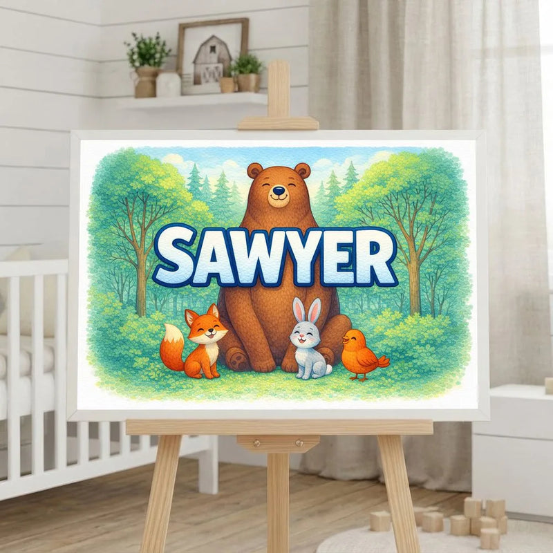 Sawyer Name Art - Forest Friends personalized wall print for kids