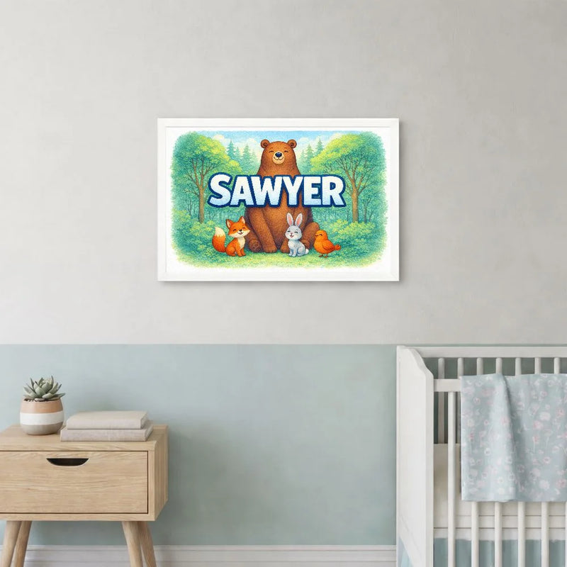 Sawyer Name Art - Forest Friends personalized wall print for kids
