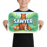 Sawyer Name Art - Forest Friends personalized wall print for kids