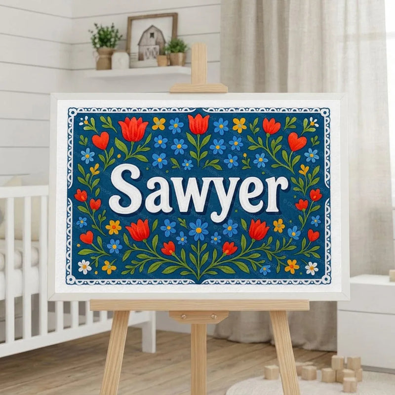 Sawyer Name Art - Floral Farmhouse personalized wall print for kids