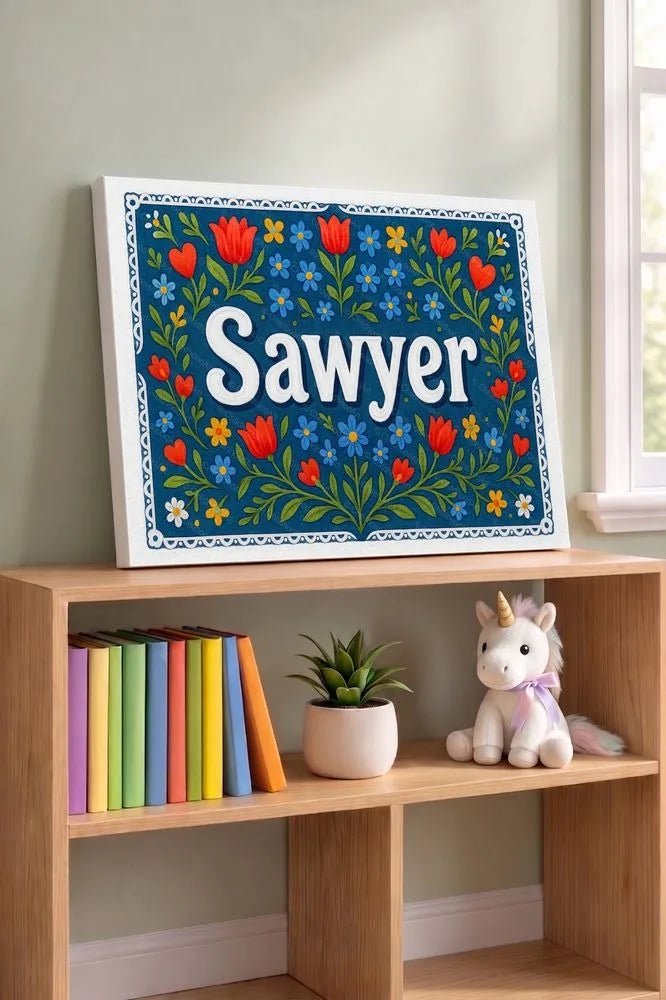 Sawyer Name Art - Floral Farmhouse personalized wall print for kids