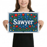 Sawyer Name Art - Floral Farmhouse personalized wall print for kids