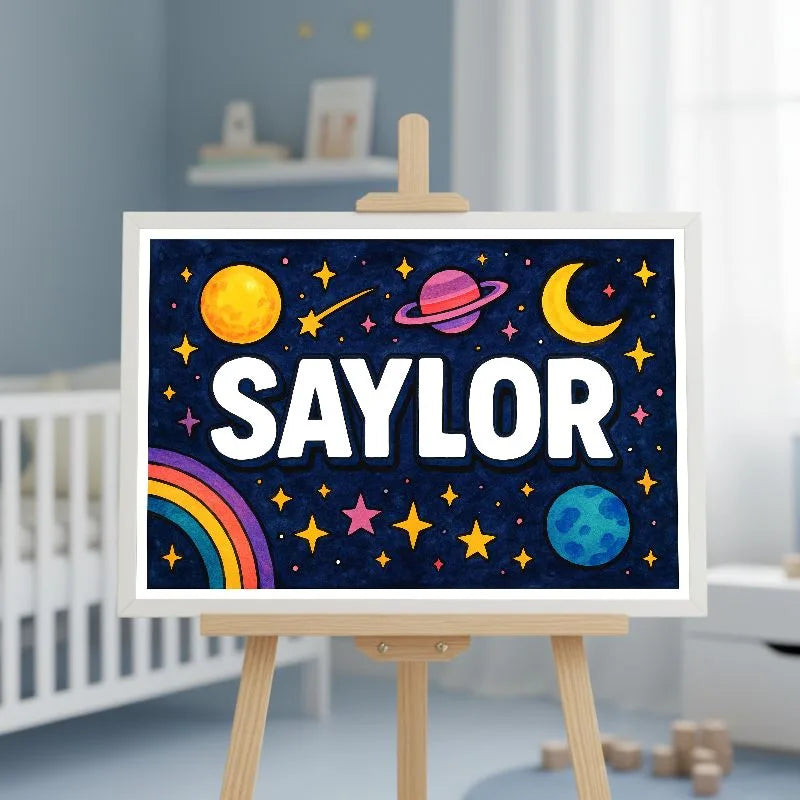 Saylor Name Art - Space Explorers personalized wall print for kids