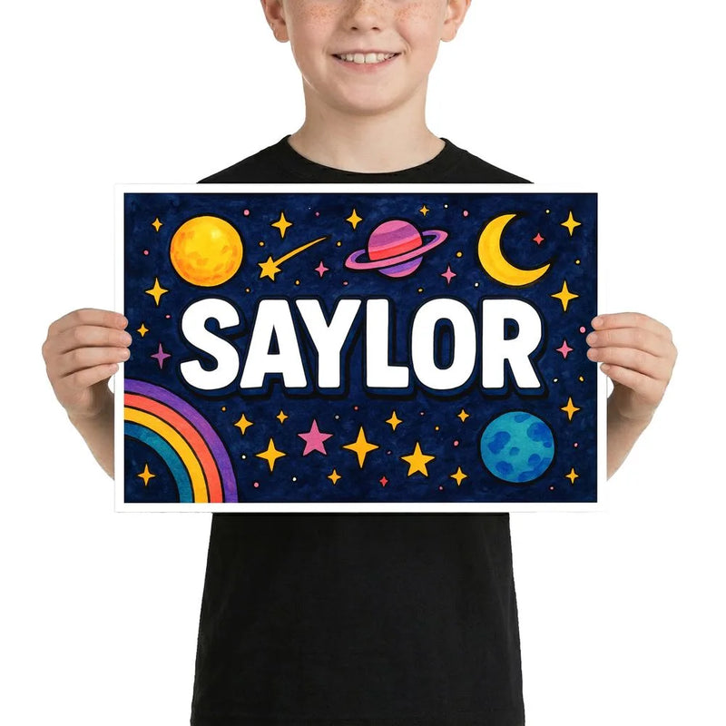Saylor Name Art - Space Explorers personalized wall print for kids
