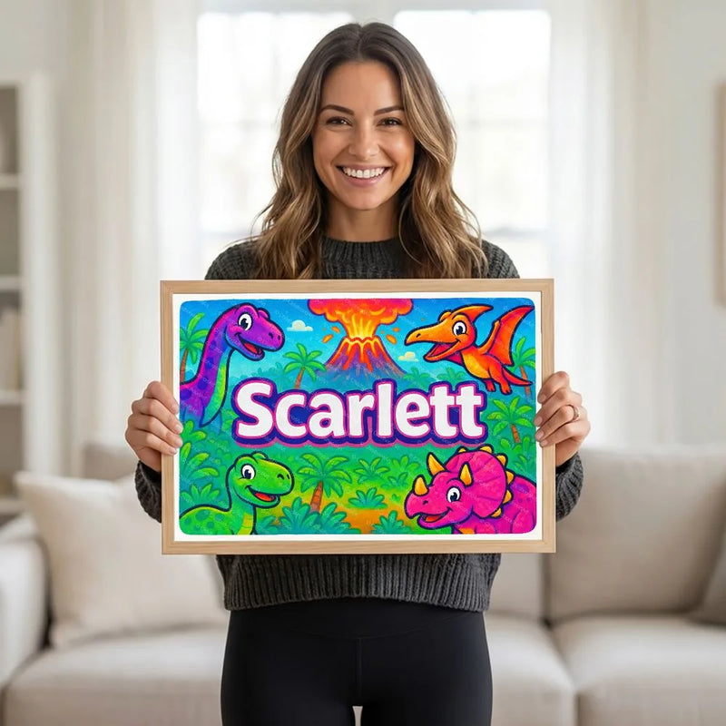 Adventurous personalized dinosaur name art for Scarlett