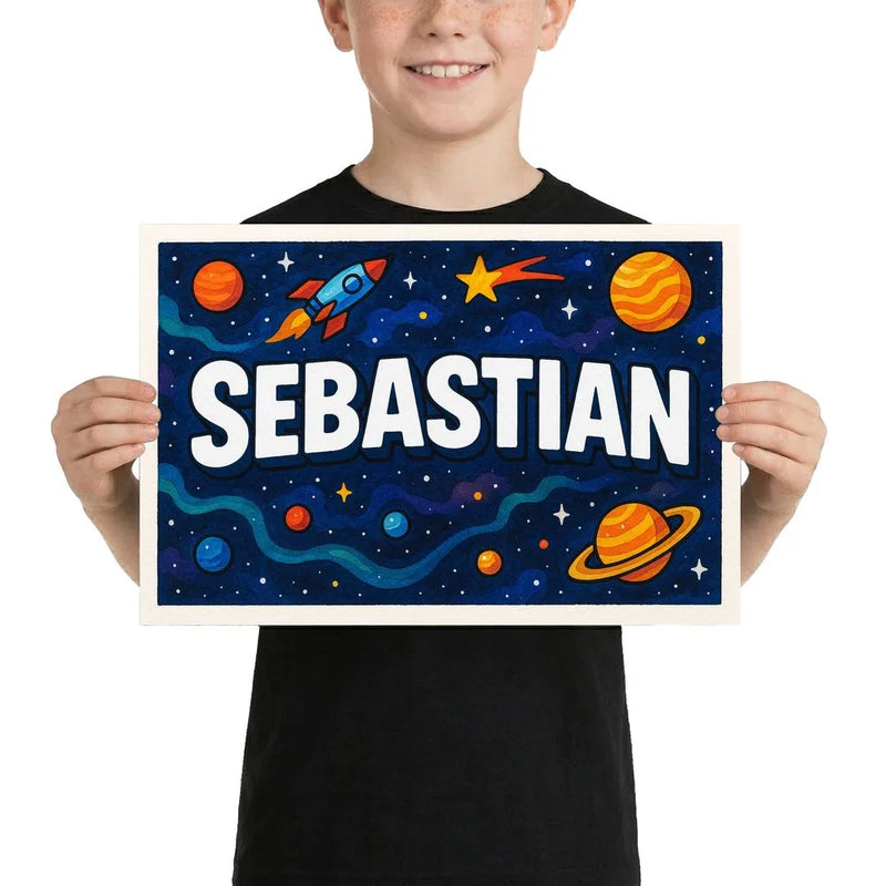 Sebastian Name Art - Space Explorers personalized wall print for kids