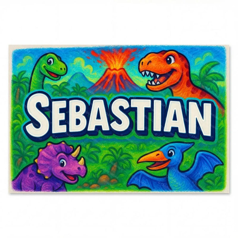 Sebastian Name Art - Dinosaur Adventure personalized wall print for kids
