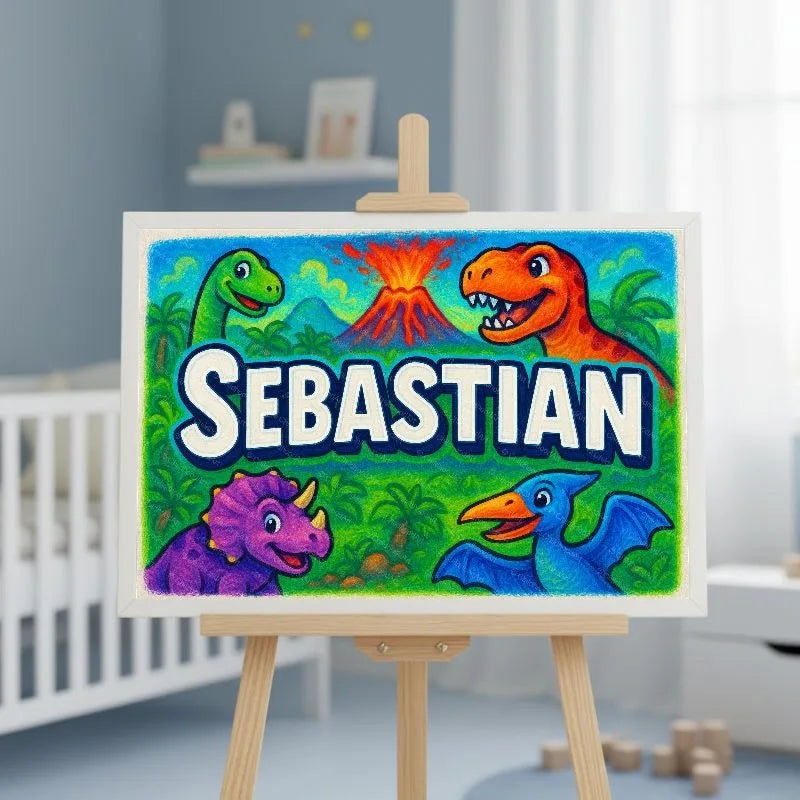 Sebastian Name Art - Dinosaur Adventure personalized wall print for kids