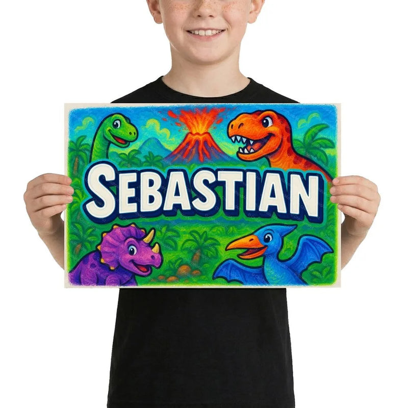 Sebastian Name Art - Dinosaur Adventure personalized wall print for kids