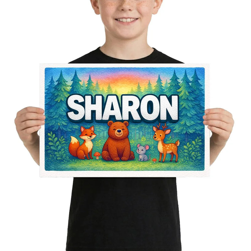 Sharon Name Art - Forest Friends personalized wall print for kids
