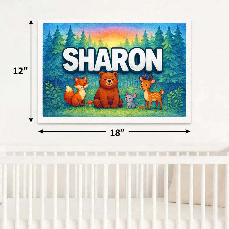 Sharon Name Art - Forest Friends personalized wall print for kids