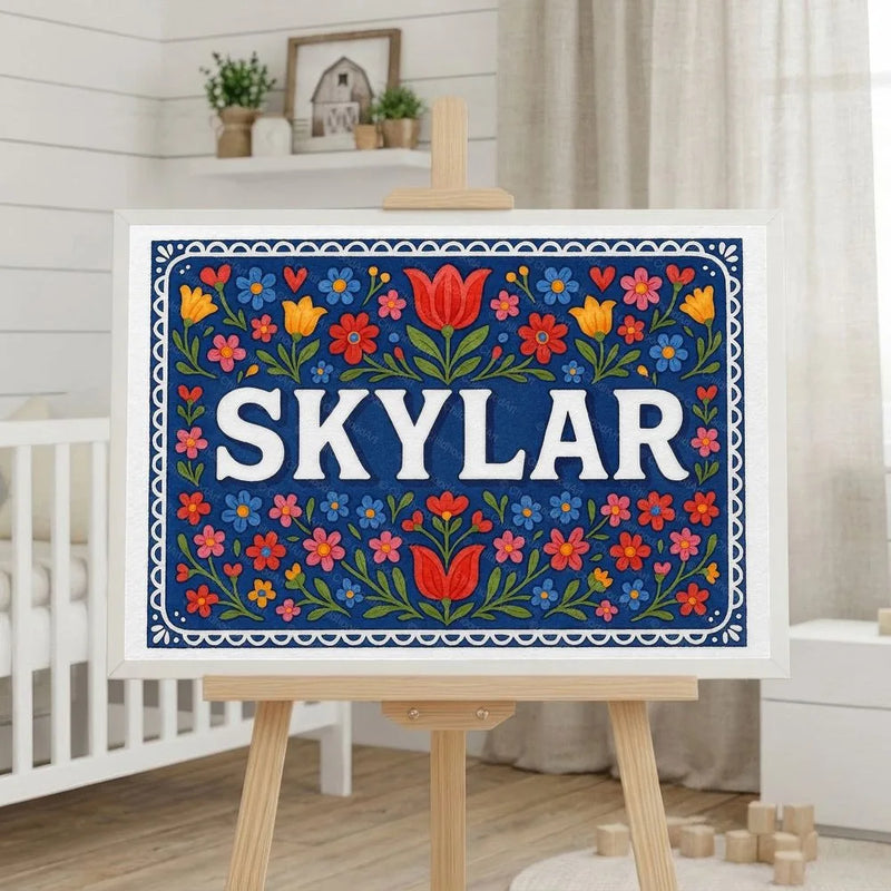 Skylar Name Art - Floral Farmhouse personalized wall print for kids